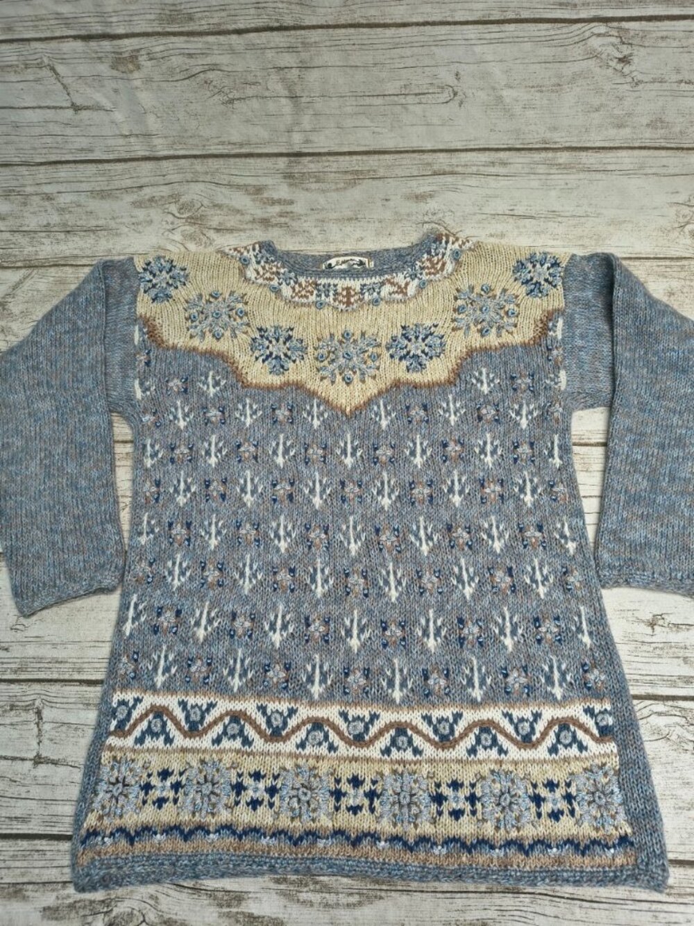 Episcia Vintage Blue Cream Nordic Pattern Knit Sweater Women Size Medium